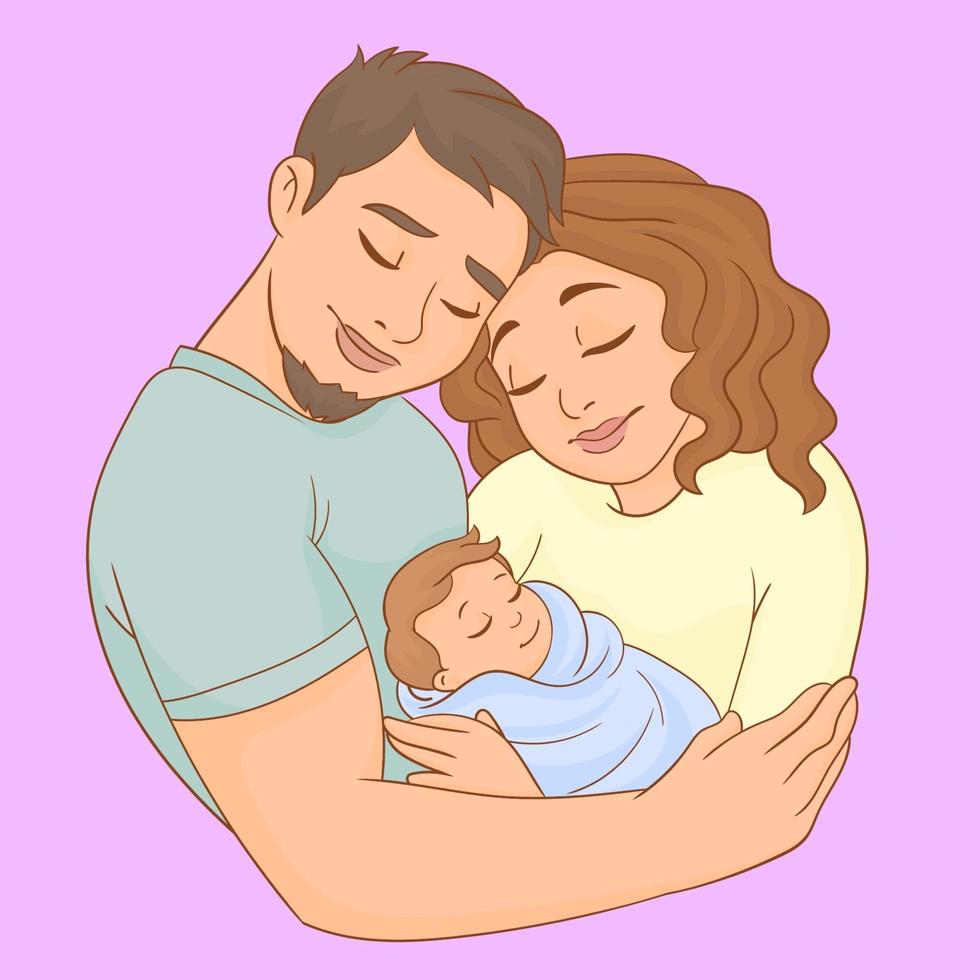 en ung familj med sin nyfödda son i armar vektor