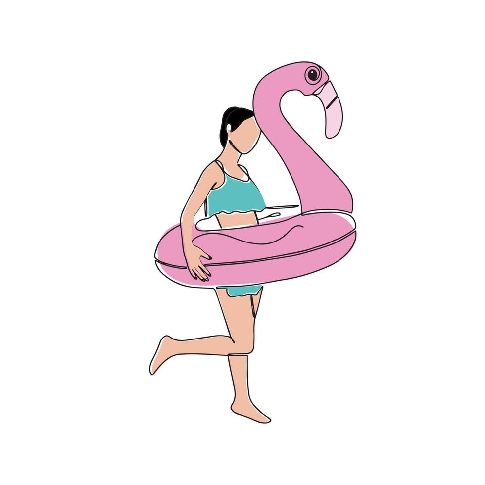 ein handgemalt Vektor Sommer- illustrativ Postkarte mit ein Mädchen Stehen im ein Kreis mit ein Flamingo. ein Sommer- bunt Element zum Ihre Design. Vektor Illustration. Zeichnung mit einer Linie