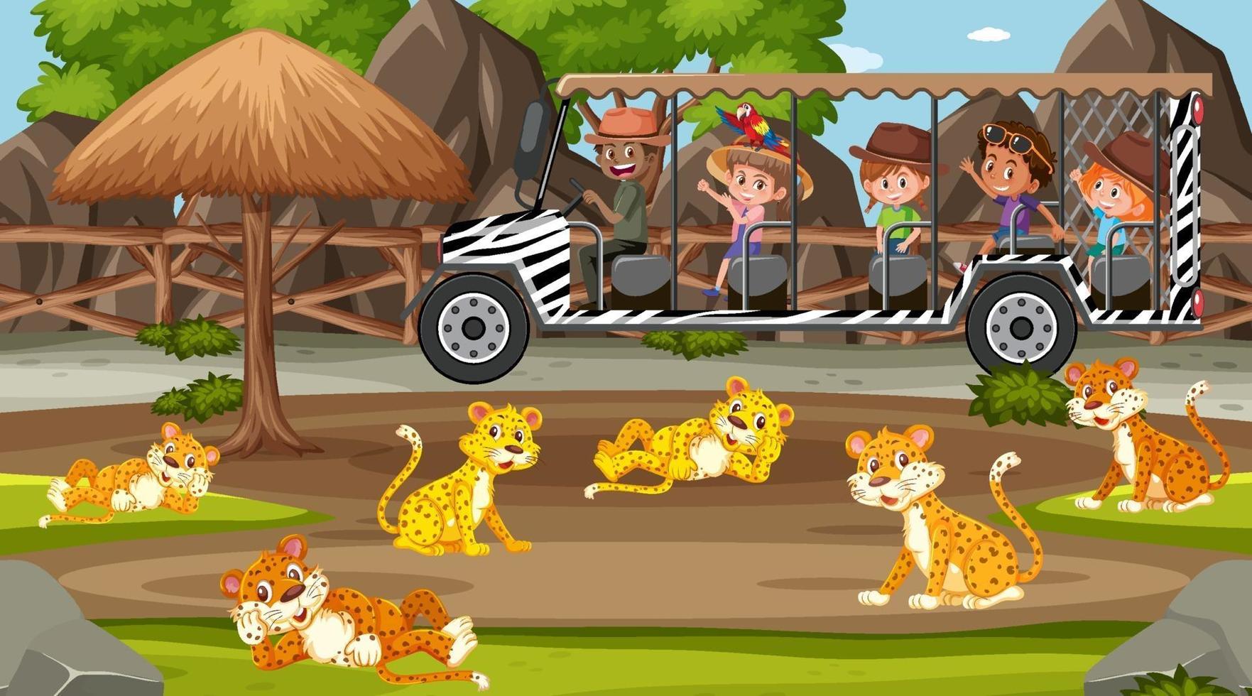 Safari-Szene mit Kindern auf Touristenauto, das Leopardengruppe beobachtet vektor