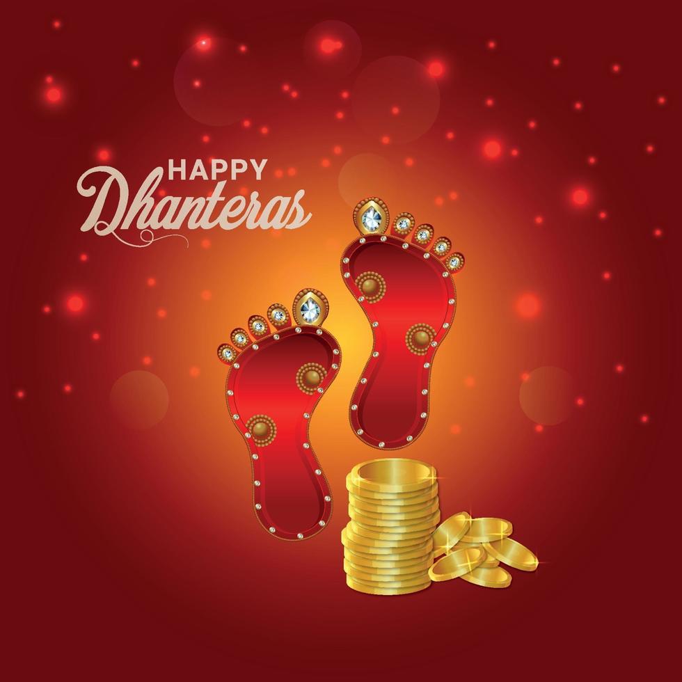 indisk festival glad dhanteras firande gratulationskort och bakgrund med kreativa guldmynt och gudinna laxami fotavtryck vektor