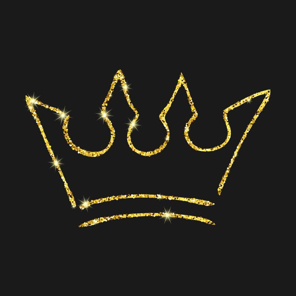 guld glitter hand dragen krona. enkel graffiti skiss drottning eller kung krona. kunglig kejserlig kröning och monark symbol isolerat på mörk bakgrund. vektor illustration.