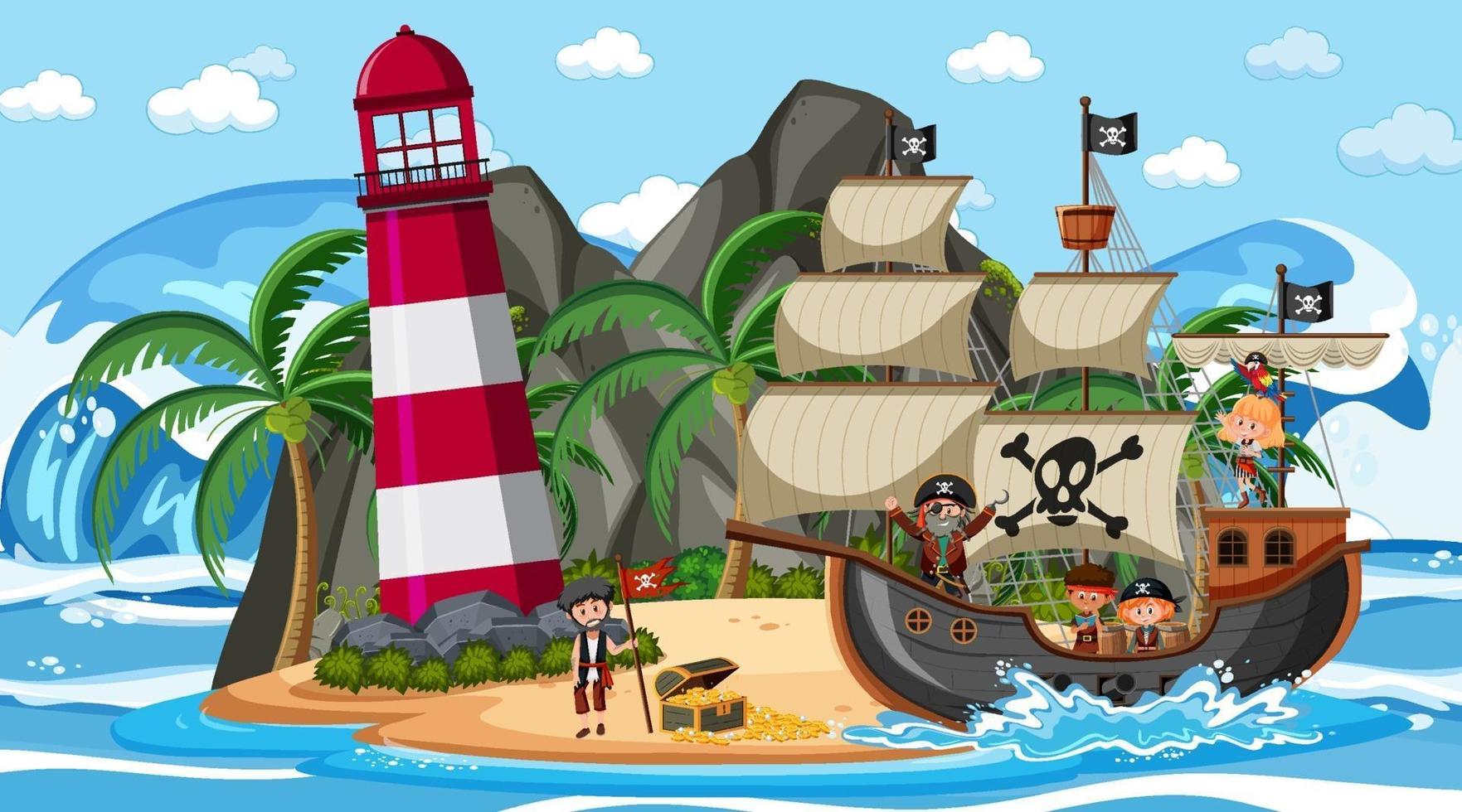 strand på dagtid scen med pirat barn seriefigur på fartyget vektor