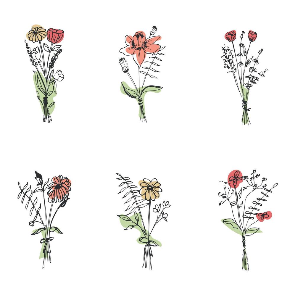 botanisch Zeichnung. minimal Pflanze Logo, Wiese Grün, Blätter und Blumen abstrakt skizzieren Sammlung, linear rustikal Ast. Vektor Hand gezeichnet Hochzeit Einladung Strauß Dekoration Satz.