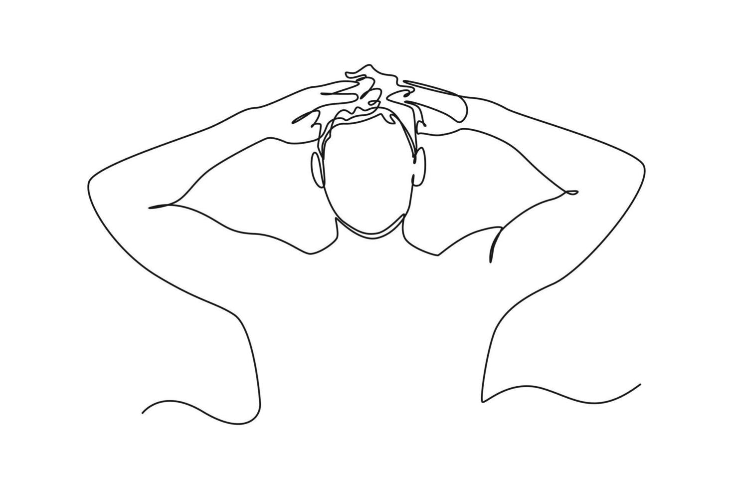 Single einer Linie Zeichnung Mann Waschen seine Haar. Badezimmer Aktivitäten Konzept. kontinuierlich Linie zeichnen Design Grafik Vektor Illustration.
