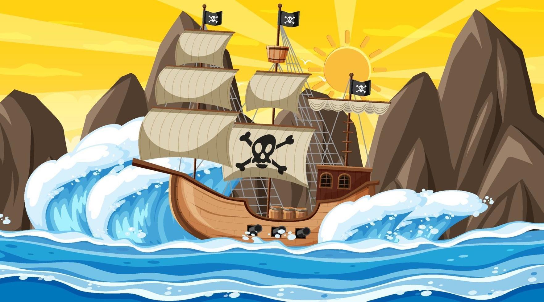 Ozean mit Piratenschiff bei Sonnenuntergangzeitszene im Karikaturstil vektor