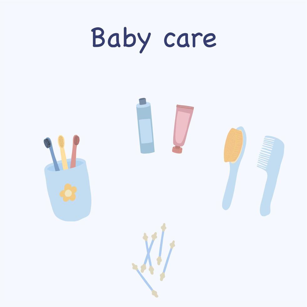 bebis badning vård uppsättning hand dragen platt stil vektor