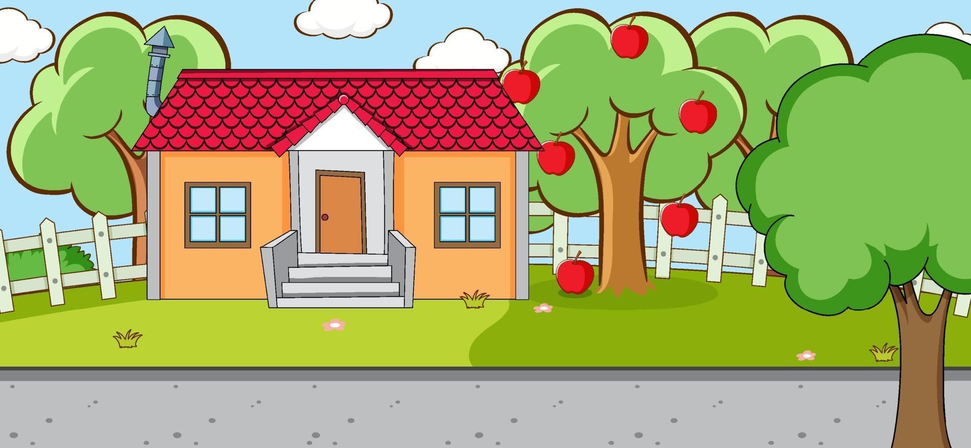 Outdoor-Szene mit einem Haus und einem Apfelbaum vektor