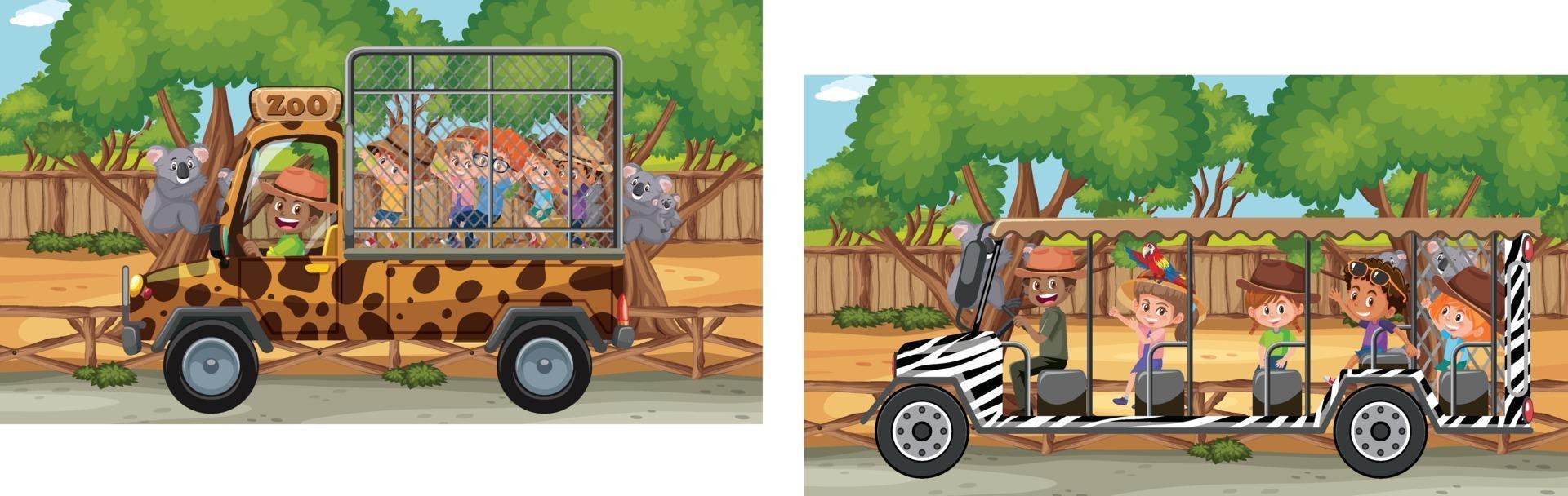 zoo scen med barn i turistbilen vektor