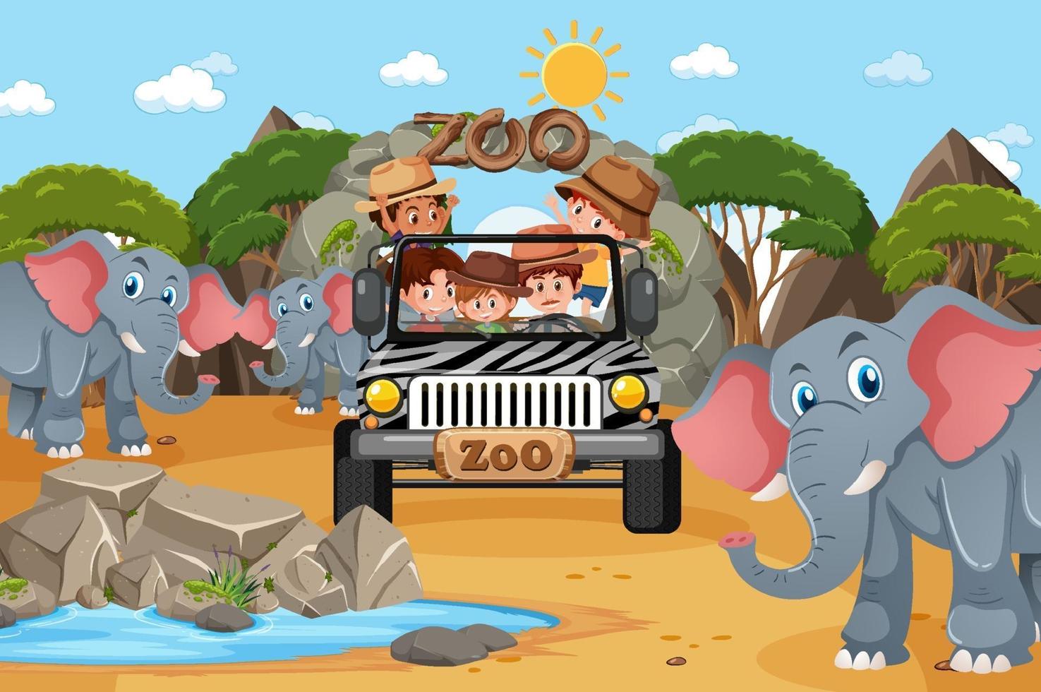 Safari-Szene mit Kindern auf Touristenauto, das Elefantengruppe beobachtet vektor