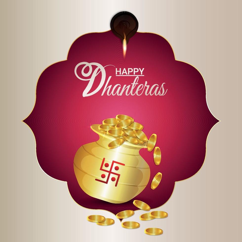 glad dhanteras indisk festival firande gratulationskort med guldmynt potten vektor