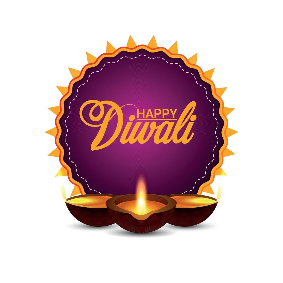 lycklig diwali indisk festival firande gratulationskort med kreativa diwali diya på vit bakgrund vektor