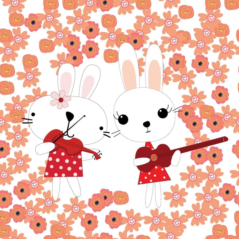 niedliche Kaninchenkarikatur spielen Musik im Frühlingsblumengarten vektor