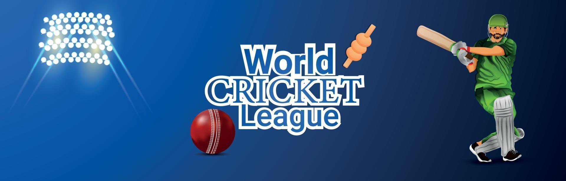 Welt-Cricket-Ligaspiel mit Vektorillustration des Cricketspielers auf Stadionhintergrund vektor