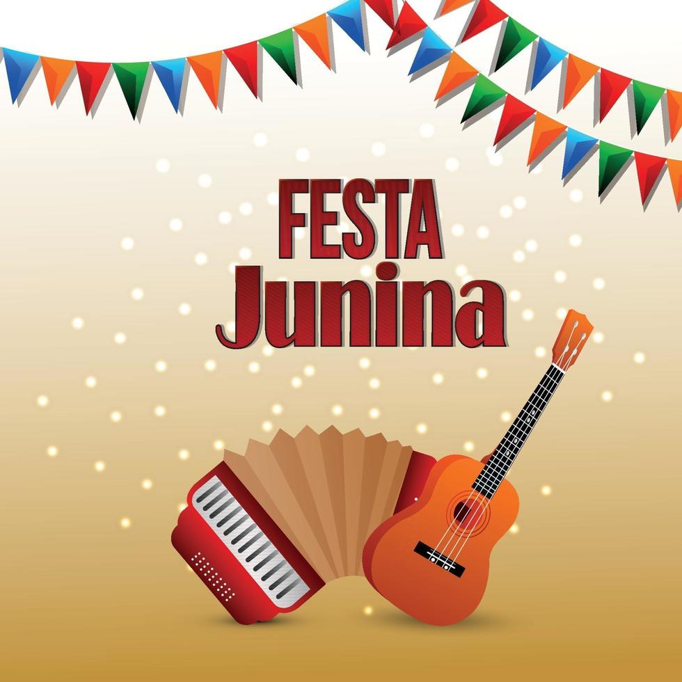 festa junina grußkarte mit kreativer bunter partyflagge und gitarre vektor