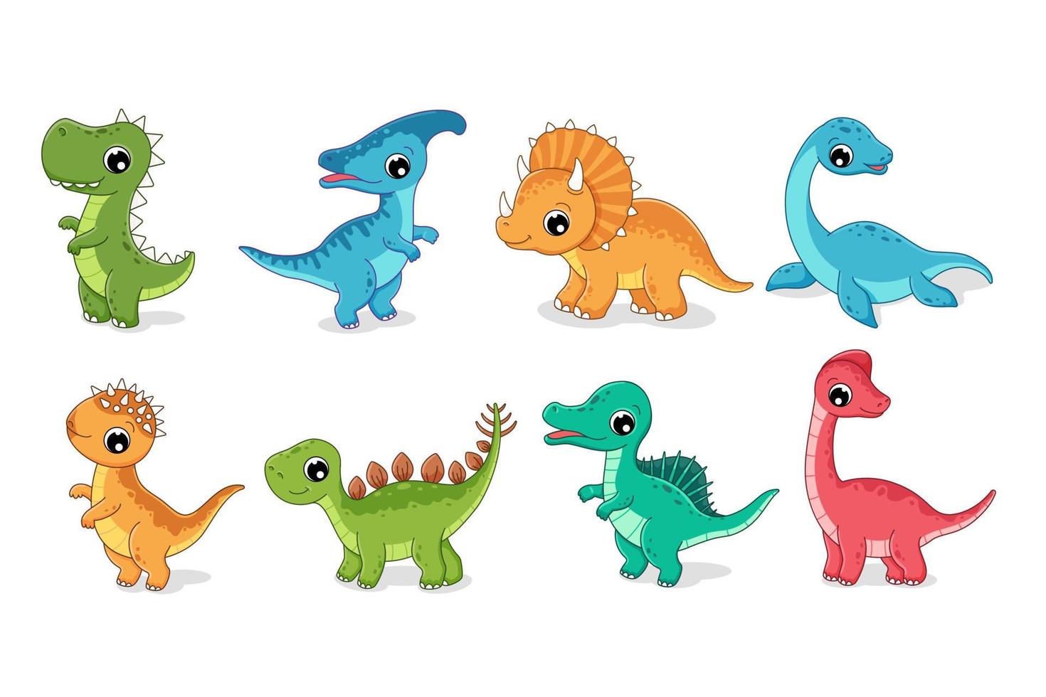 Clip Art einstellen von süß Baby Dinosaurier. Triceraptor, T-Rex, Tyrannosaurus, Triceraptor, Stegosaurus, Pachycephalosaurus, Parasaurolophus, Spinosaurus. Vektor Illustration im Karikatur Stil.