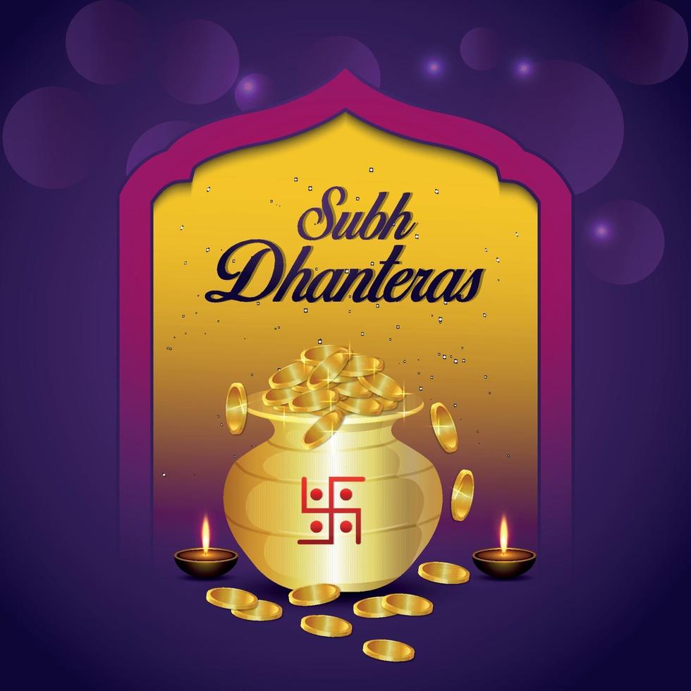 shubh dhanteras firande inbjudningskort med kreativa guldmyntkruka vektor