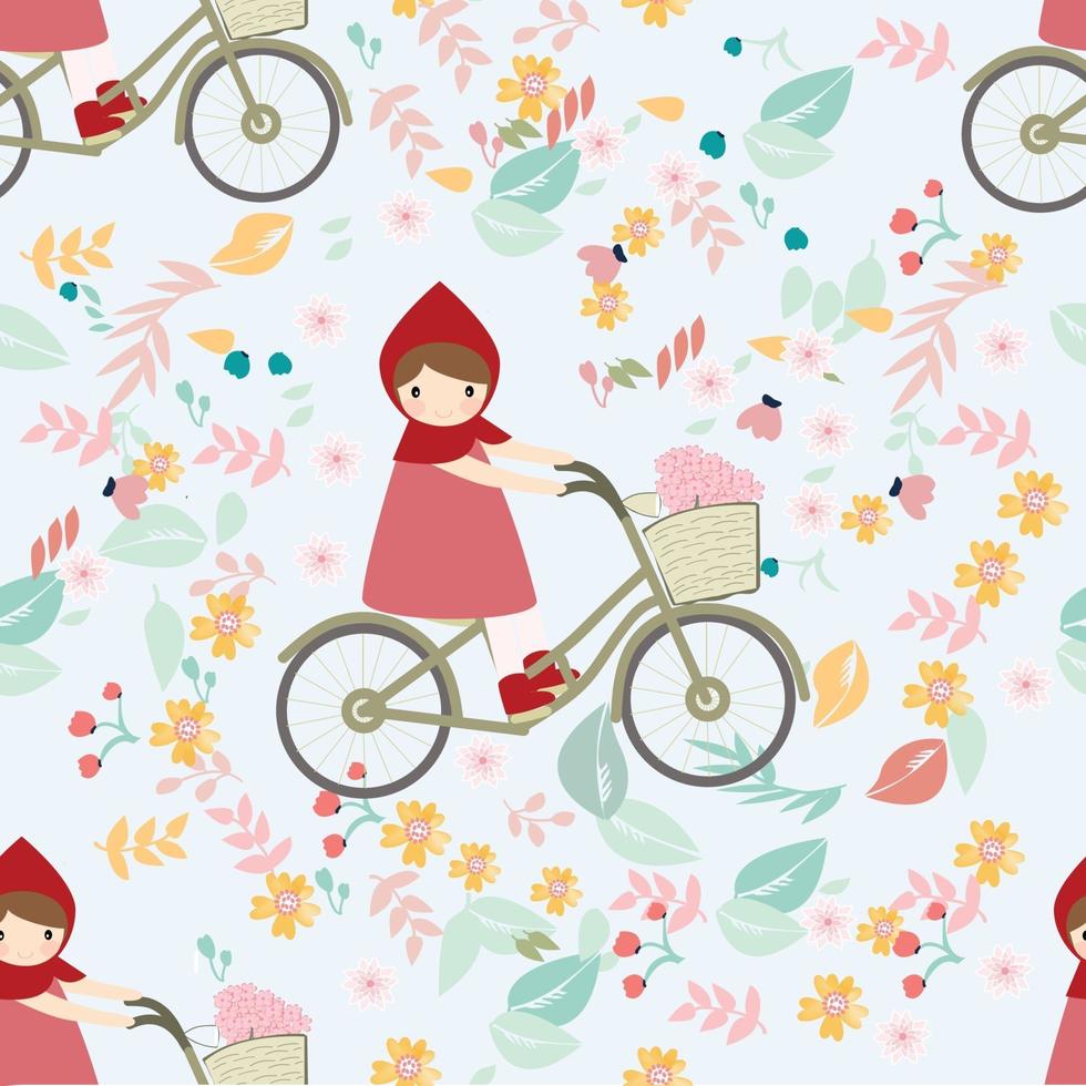 söt röd huva flicka rider cykel i vårblommaträdgård sömlösa mönster vektor