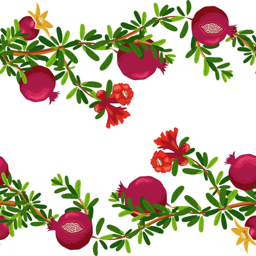 granatäpple grenar med frukt och blommor sömlös mönster. ljus löv och frukter. jewish ny år vektor