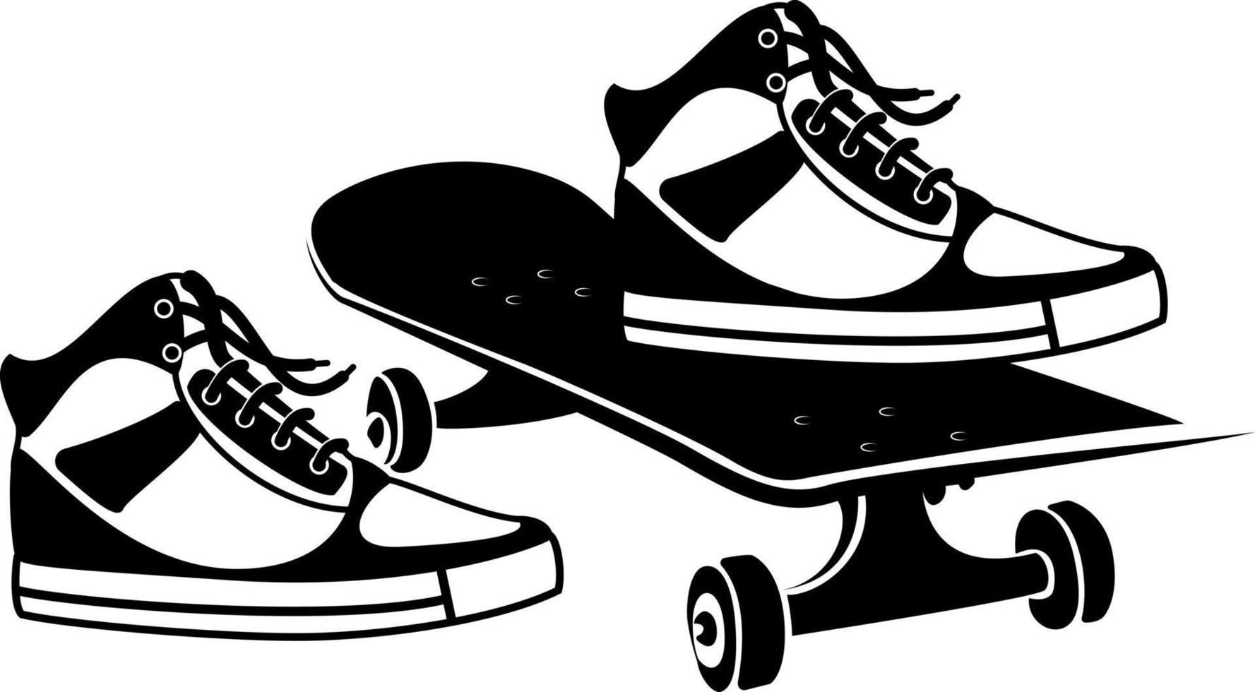 svart och vit bild av gymnastikskor på en skateboard vektor