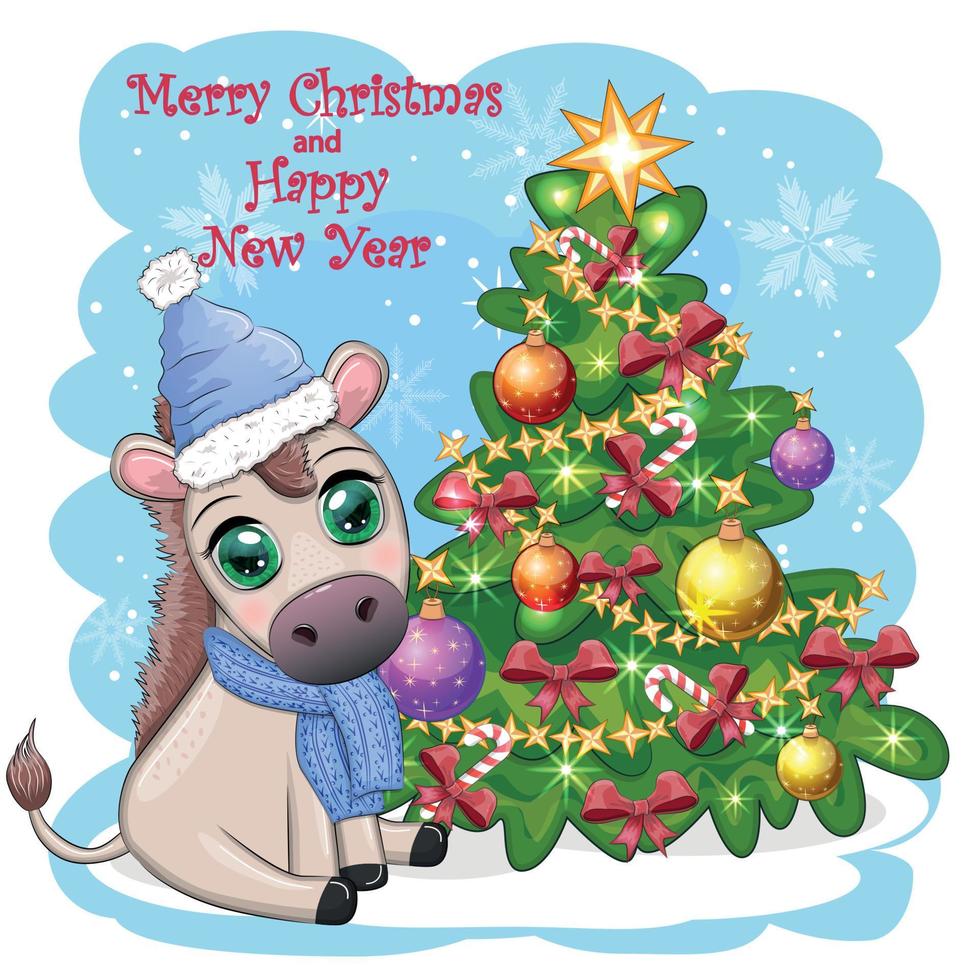süß Esel im Santa Hut mit Ballon, Geschenk, Süßigkeiten Kane in der Nähe von das Weihnachten Baum. Postkarte zum Weihnachten vektor