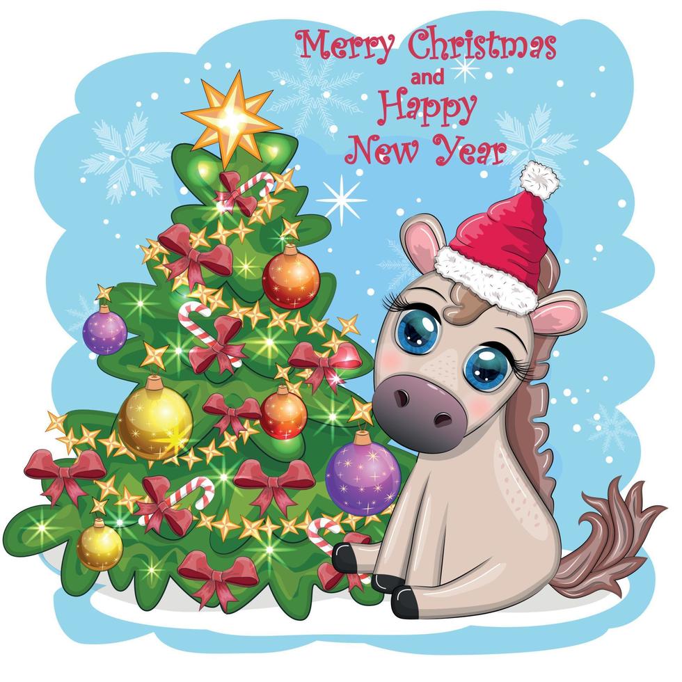 süß Pferd, Pony im Santa's Hut mit Süßigkeiten Kane, Weihnachten Ball, Geschenk, Eis skaten. Winter ist Kommen vektor
