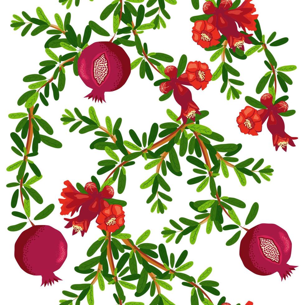 granatäpple grenar med frukt och blommor sömlös mönster. ljus löv och frukter. jewish ny år vektor