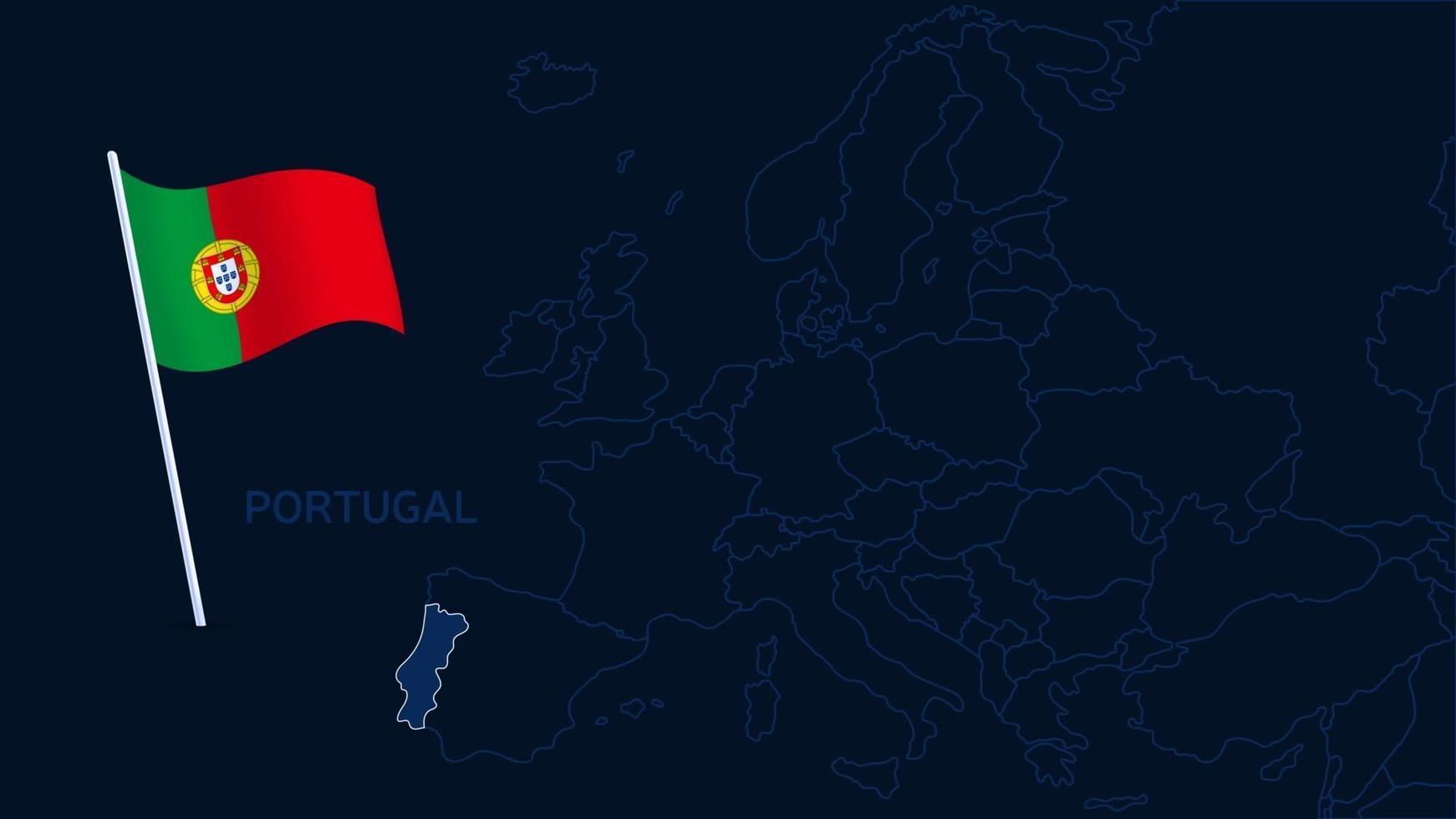 Portugal på Europa karta vektorillustration. karta av hög kvalitet Europa med gränserna för regionerna på mörk bakgrund med nationell flagga. vektor