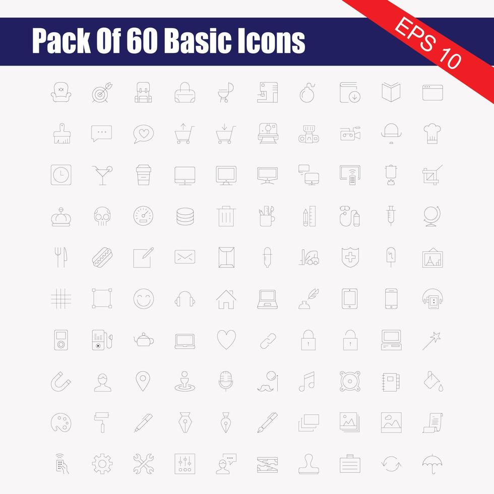 uppsättning 60 pc webb ikoner, grundläggande ux ui ikoner. vektor illustration