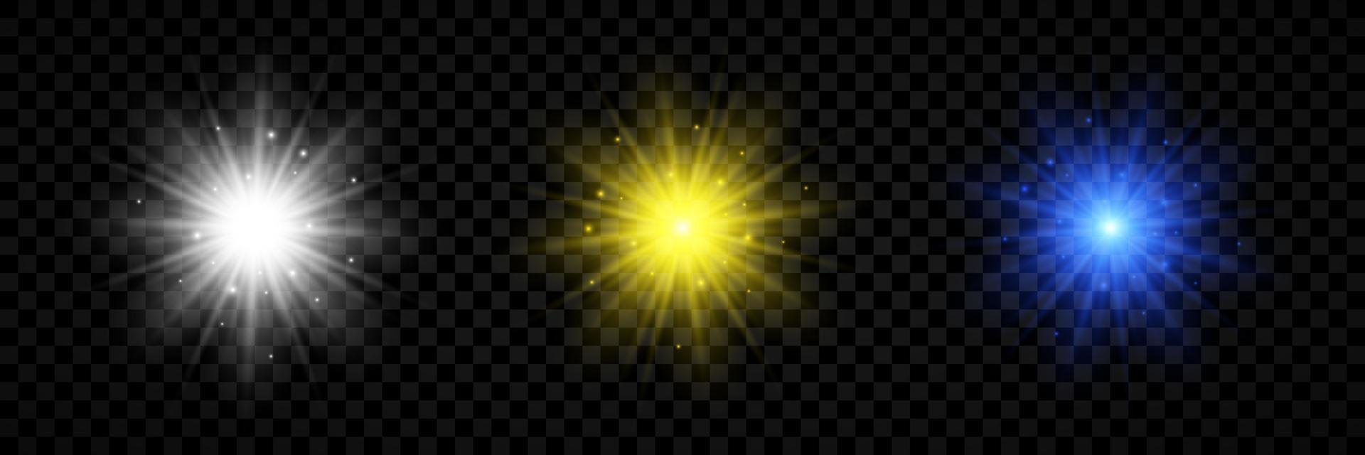 Lichteffekt von Lens Flares. satz von drei weiß, gelb und blau leuchtenden lichtern starburst-effekten mit funkeln vektor