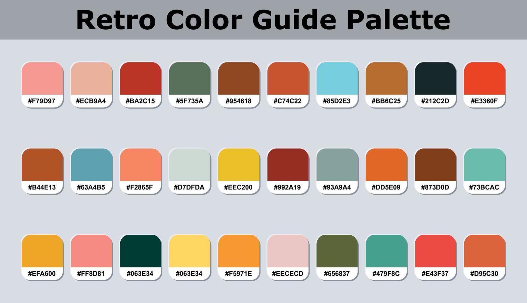 einstellen von retro Farbe Palette Katalog Stichprobe mit rgb verhexen Codes isoliert im Gruppen zum ui Design, Mode, Innere und Webseite Entwerfen. Vektor Grafik