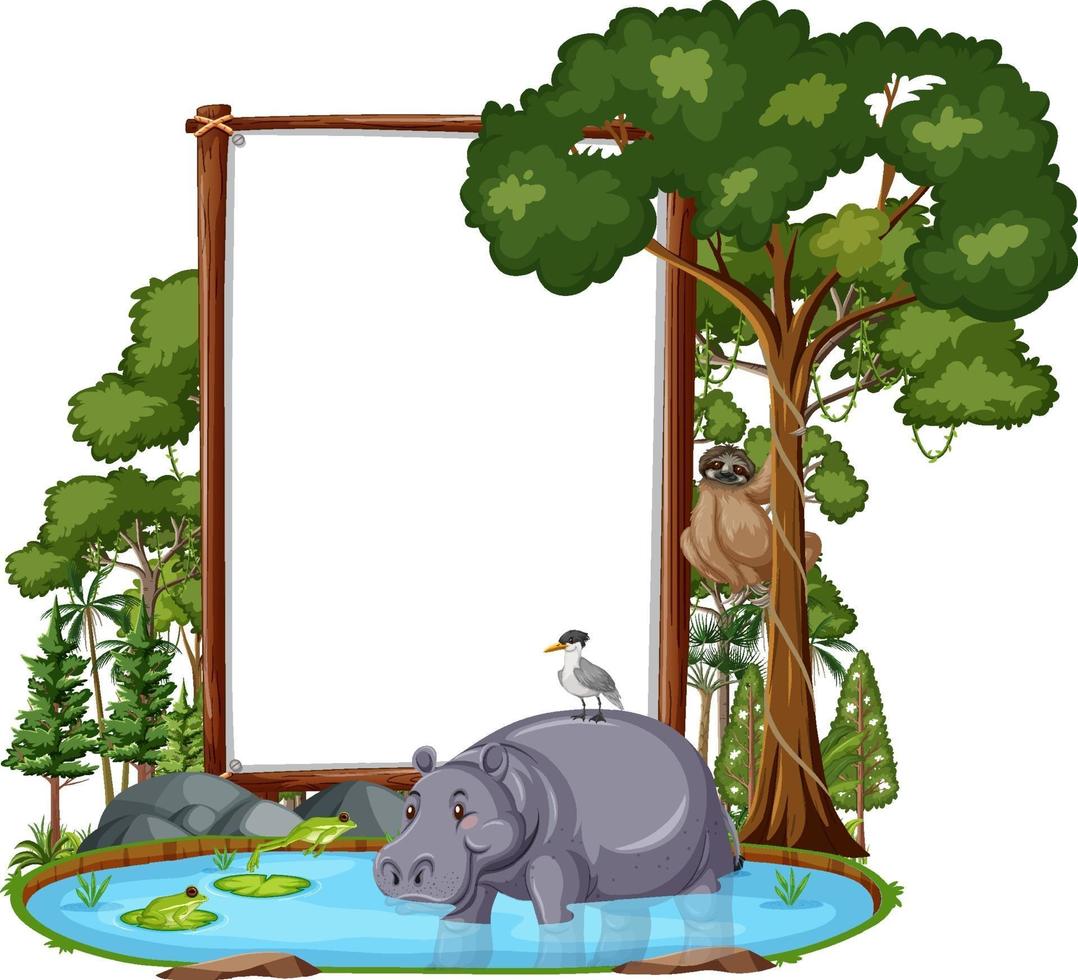 Tom banner med vilda djur och regnskogsträd på vit bakgrund vektor