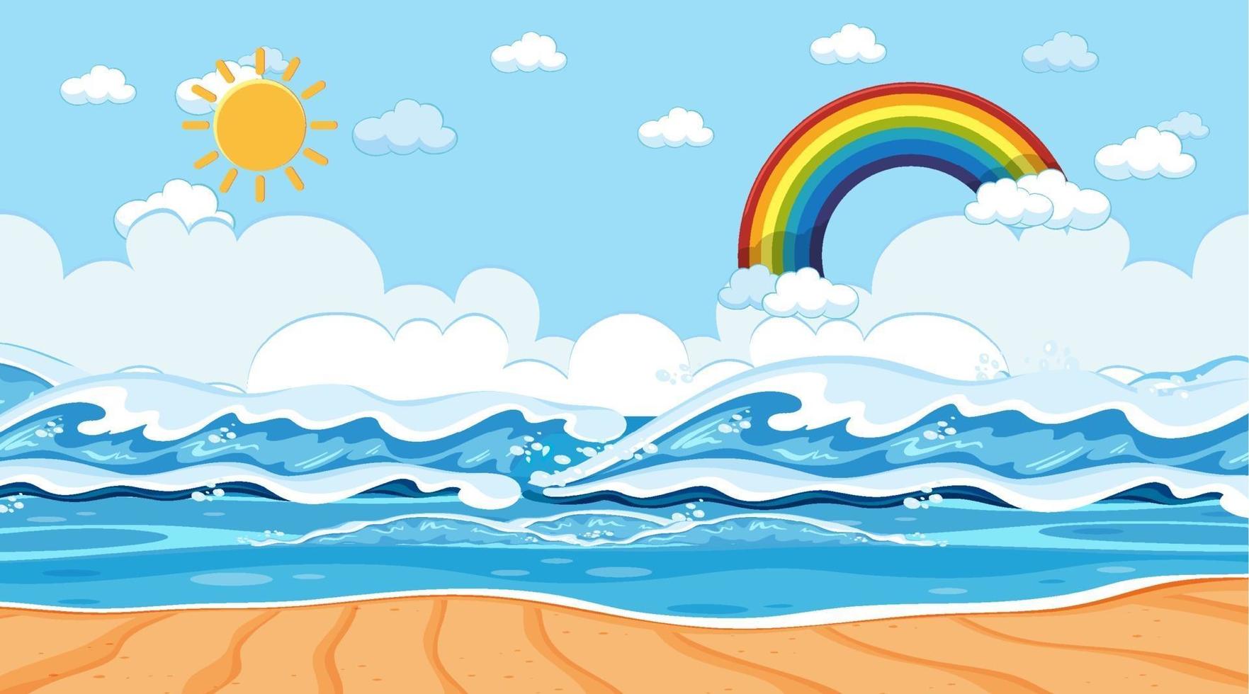 strandlandskap vid dagtid scen med regnbåge i himlen vektor