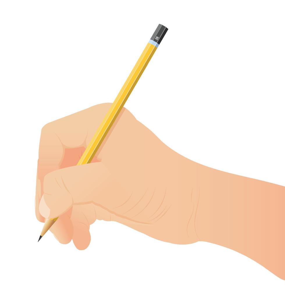 hand innehav en gul penna. isolerat på vit bakgrund handstil verktyg. vektor illustratör
