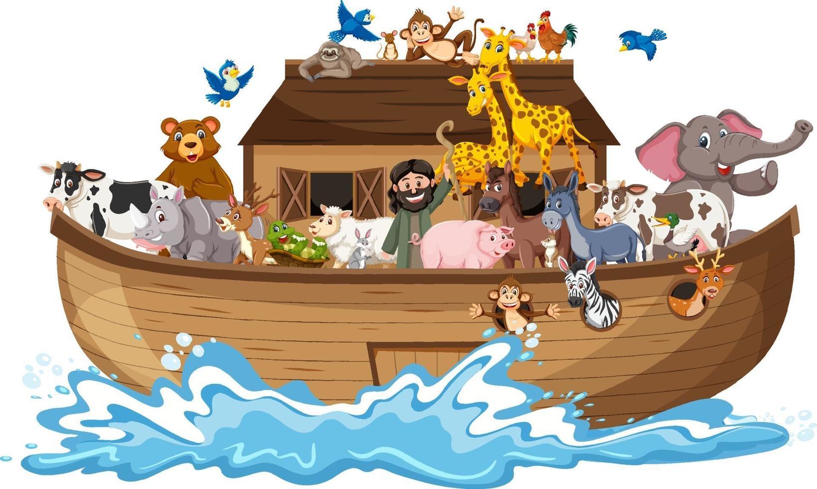 djur på Noahs ark med havsvåg isolerad på vit bakgrund vektor