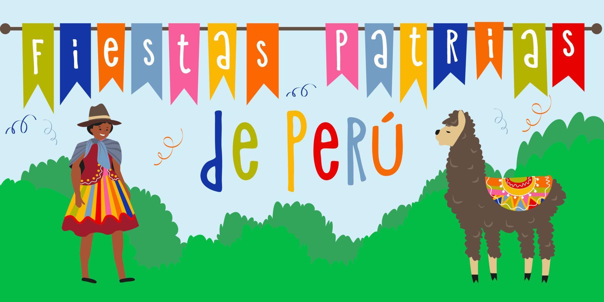 28 Juli. Peru glücklich Unabhängigkeit Tag Gruß Karte. Feier Hintergrund mit Feuerwerk, Flaggen und Text. Vektor Illustration