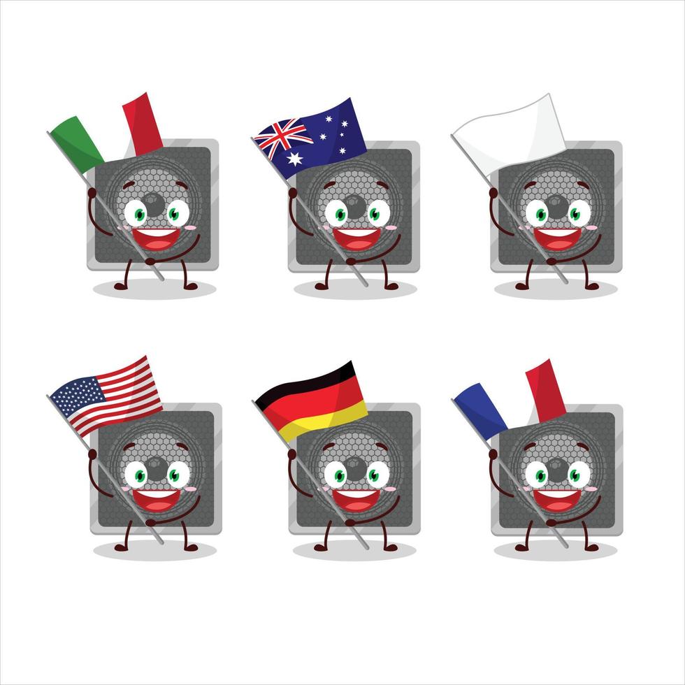 Musik- Lautsprecher Karikatur Charakter bringen das Flaggen von verschiedene Länder vektor