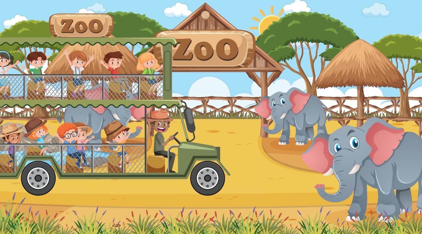 safari på dagtid med barn som tittar på elefantgruppen vektor