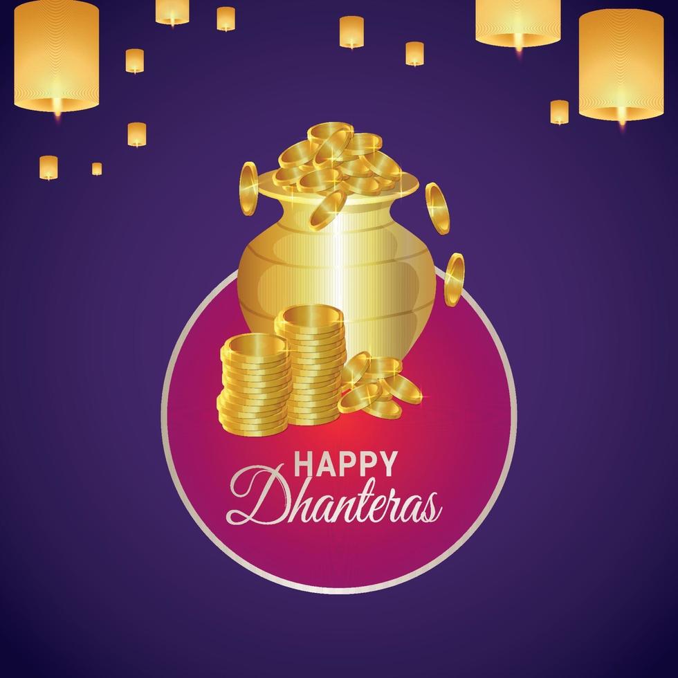 shubh dhanteras gratulationskortdesign med kreativ guldmyntkruka och diwali-lampa vektor