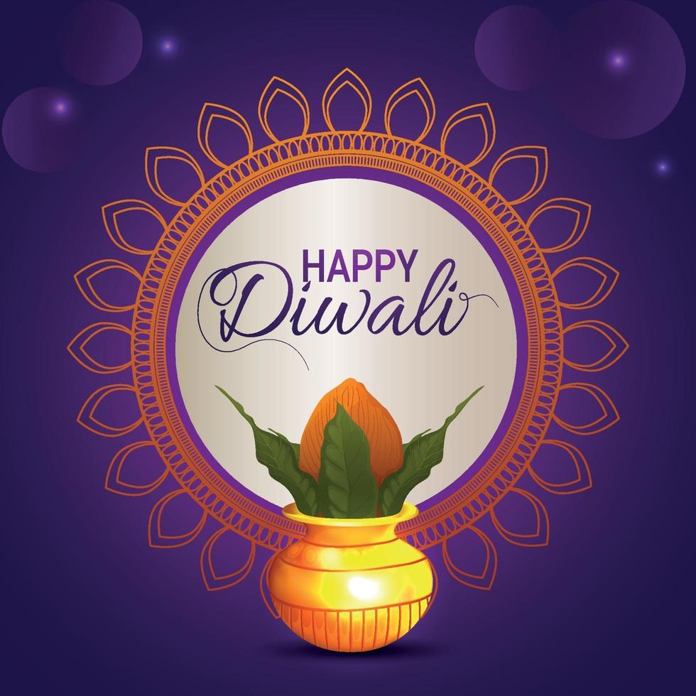 glad diwali indisk festival, diwali ljusfestivalen med kreativ kalash på lila bakgrund vektor