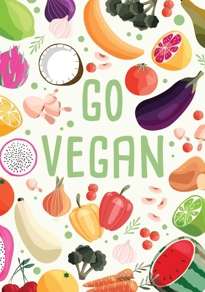 gå vegansk vertikal affischmall med samling av färsk ekologisk frukt och grönsaker. färgrik handritad illustration på ljusgrön bakgrund. vegetarisk och vegansk mat. vektor