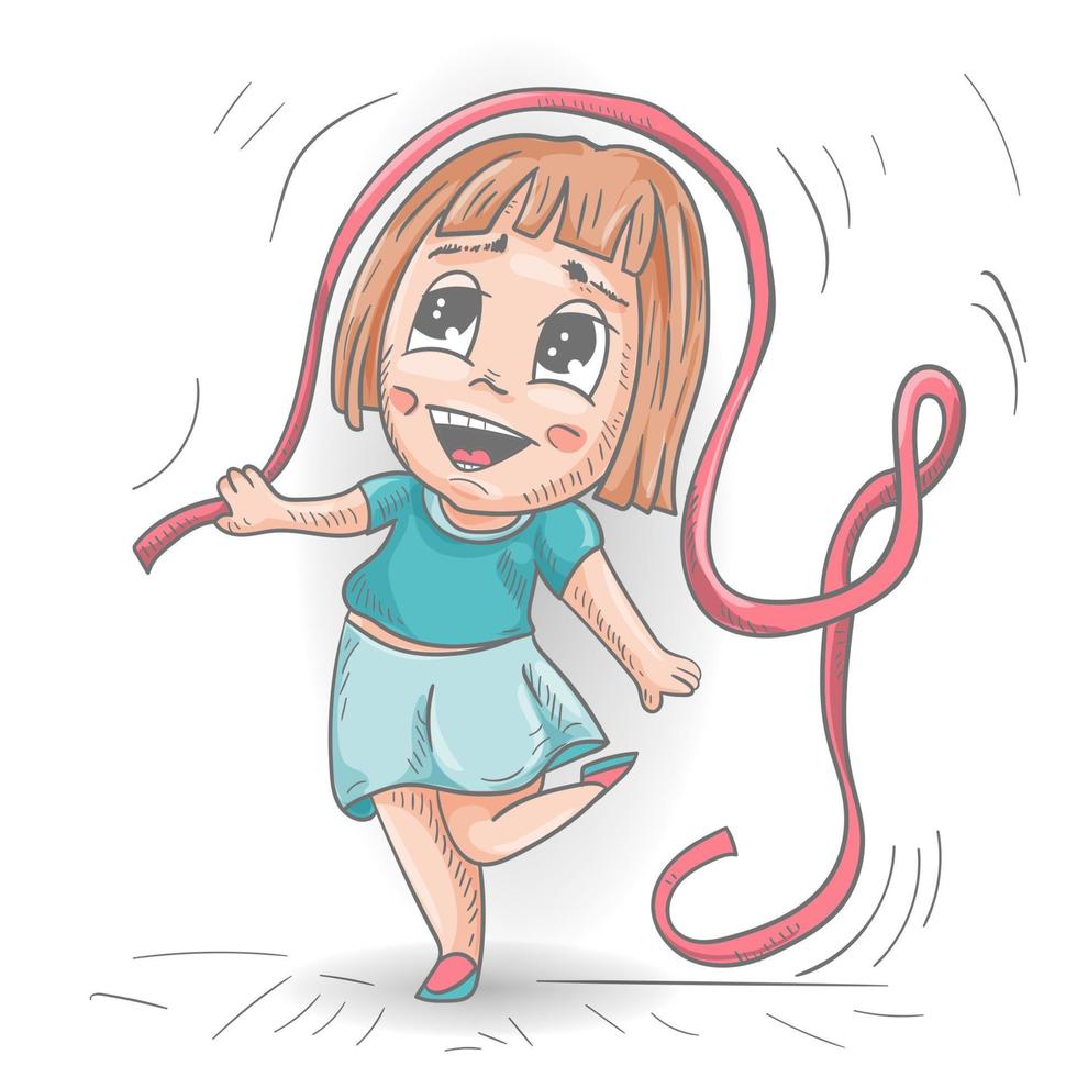 en liten rolig man chibi i kläder hoppar med en band färgad kontur vektor illustration i de stil av en klotter