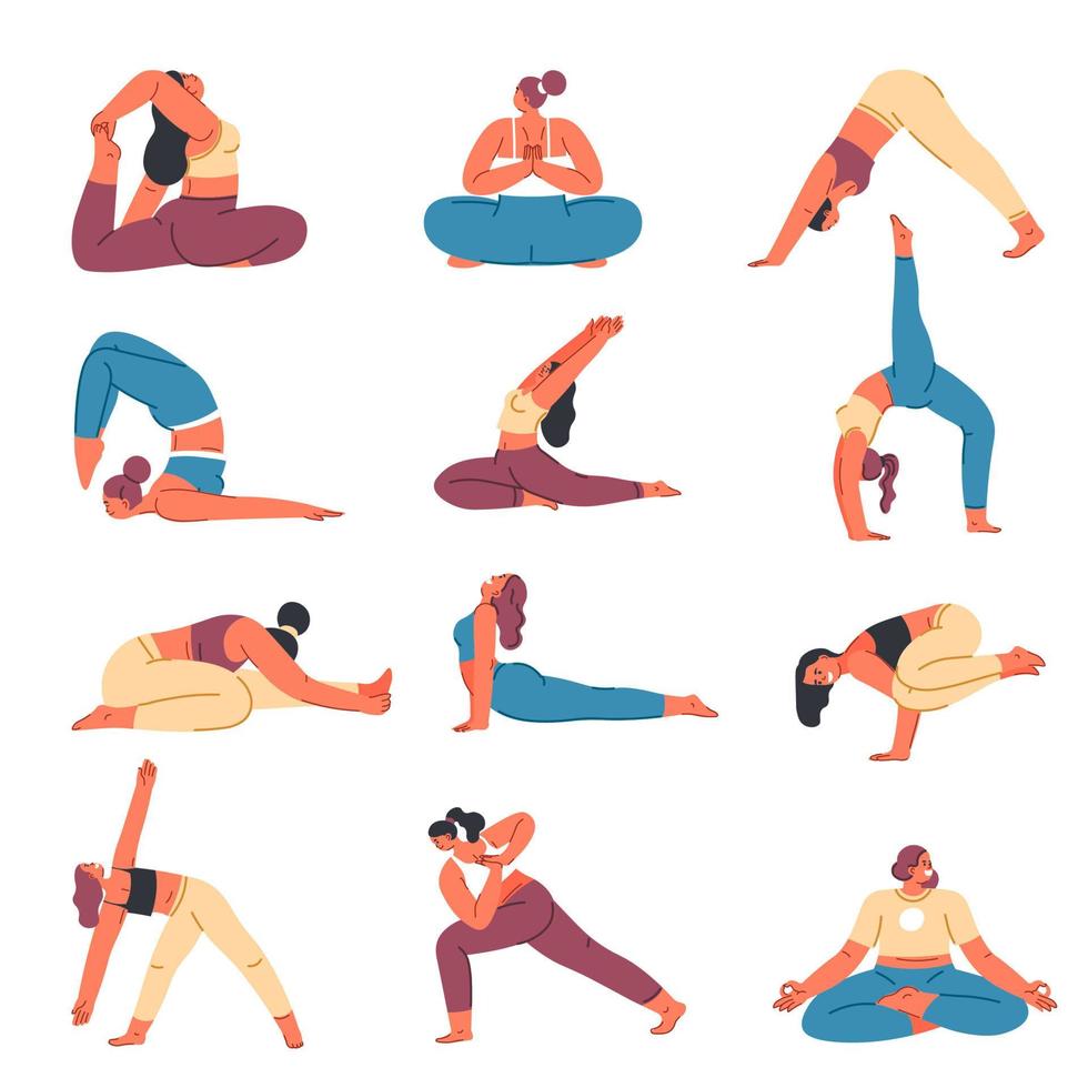 asanas och yoga poserar, övningar och träningspass vektor