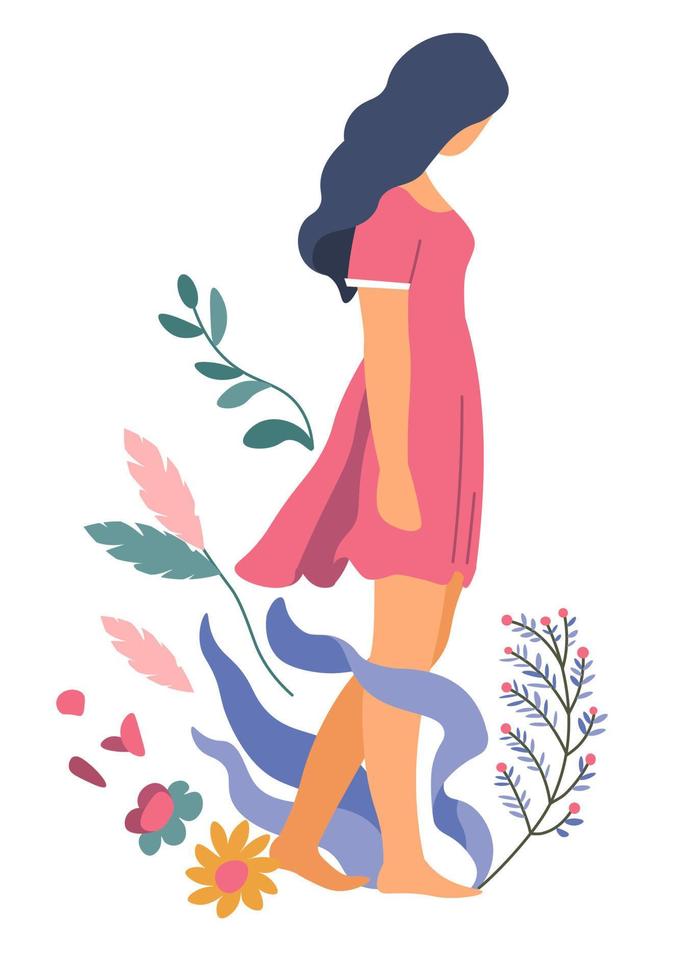kvinna med blommor, lövverk och buskar dekoration vektor