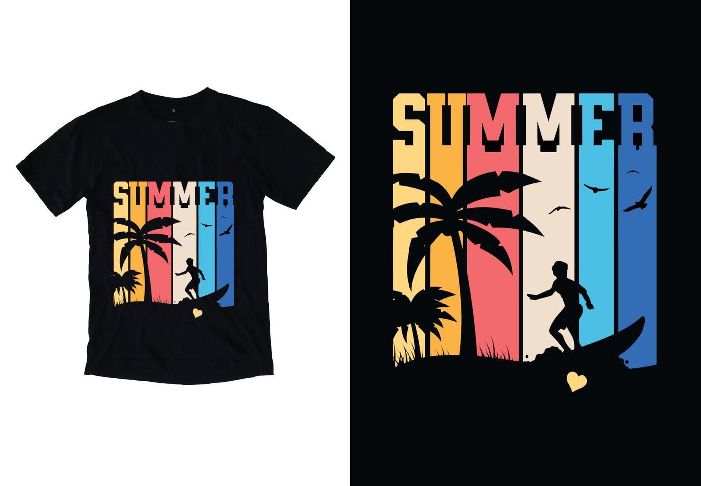 Sommer- T-Shirt Design mit Silhouette von Surfer. Vektor Illustration.