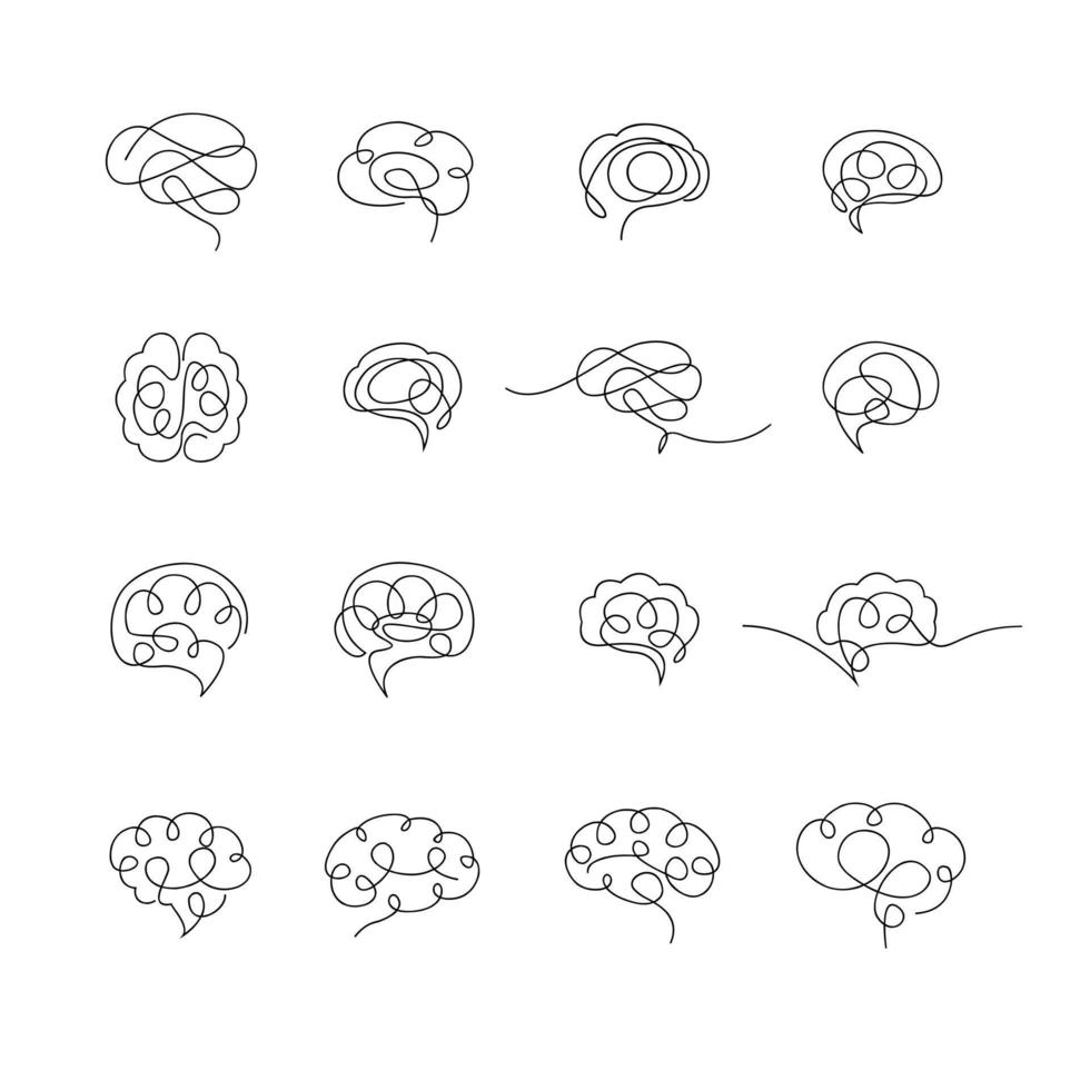 Gehirn Symbol fortsetzen Single Linie Illustration einstellen Sammlung vektor