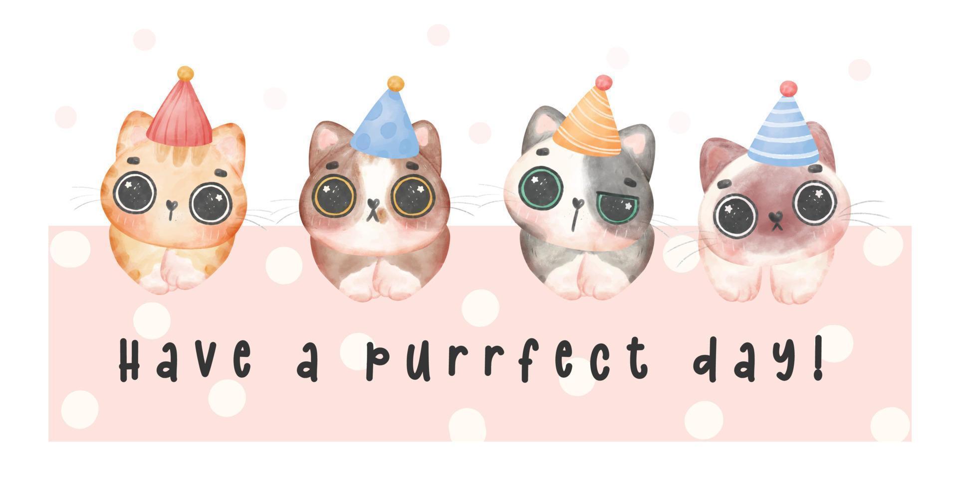 süß komisch Kätzchen Katze im Vielfalt von Rassen trägt Party Hut Aquarell, Illustration Banner vektor
