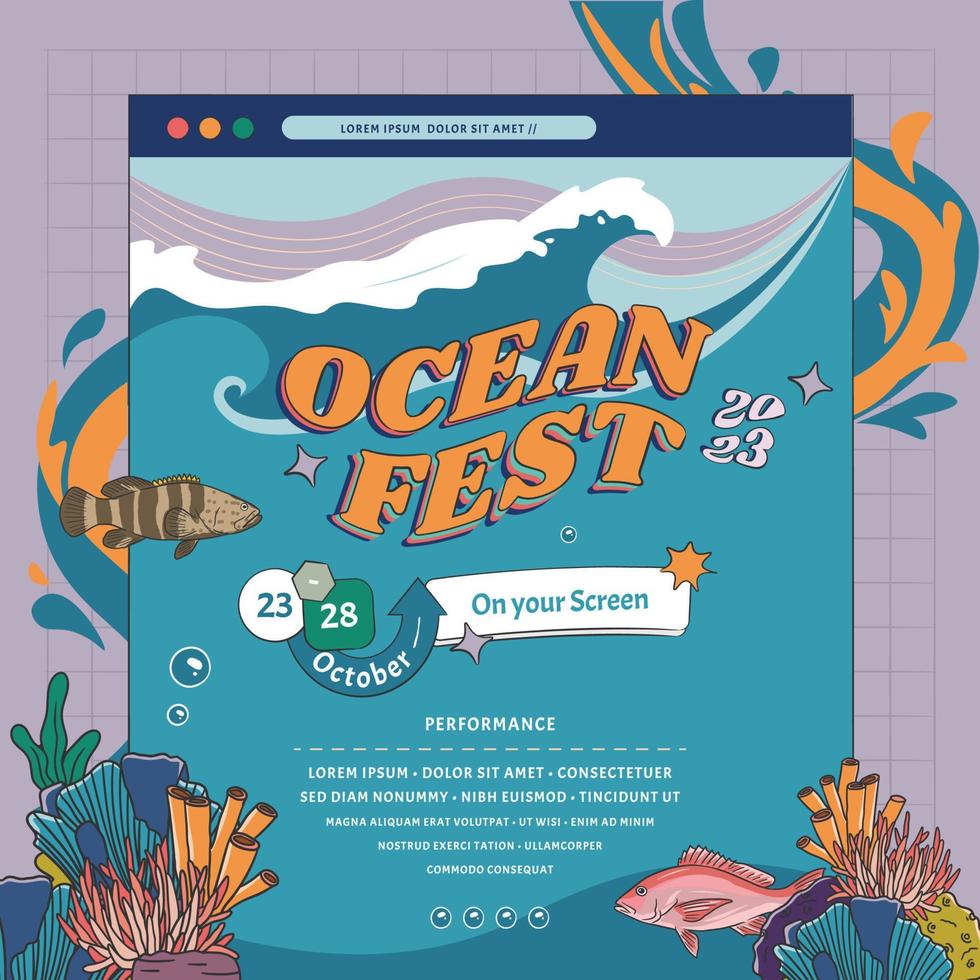 hav eller marin design mall för social media med fisk korall och hav djur illustration vektor