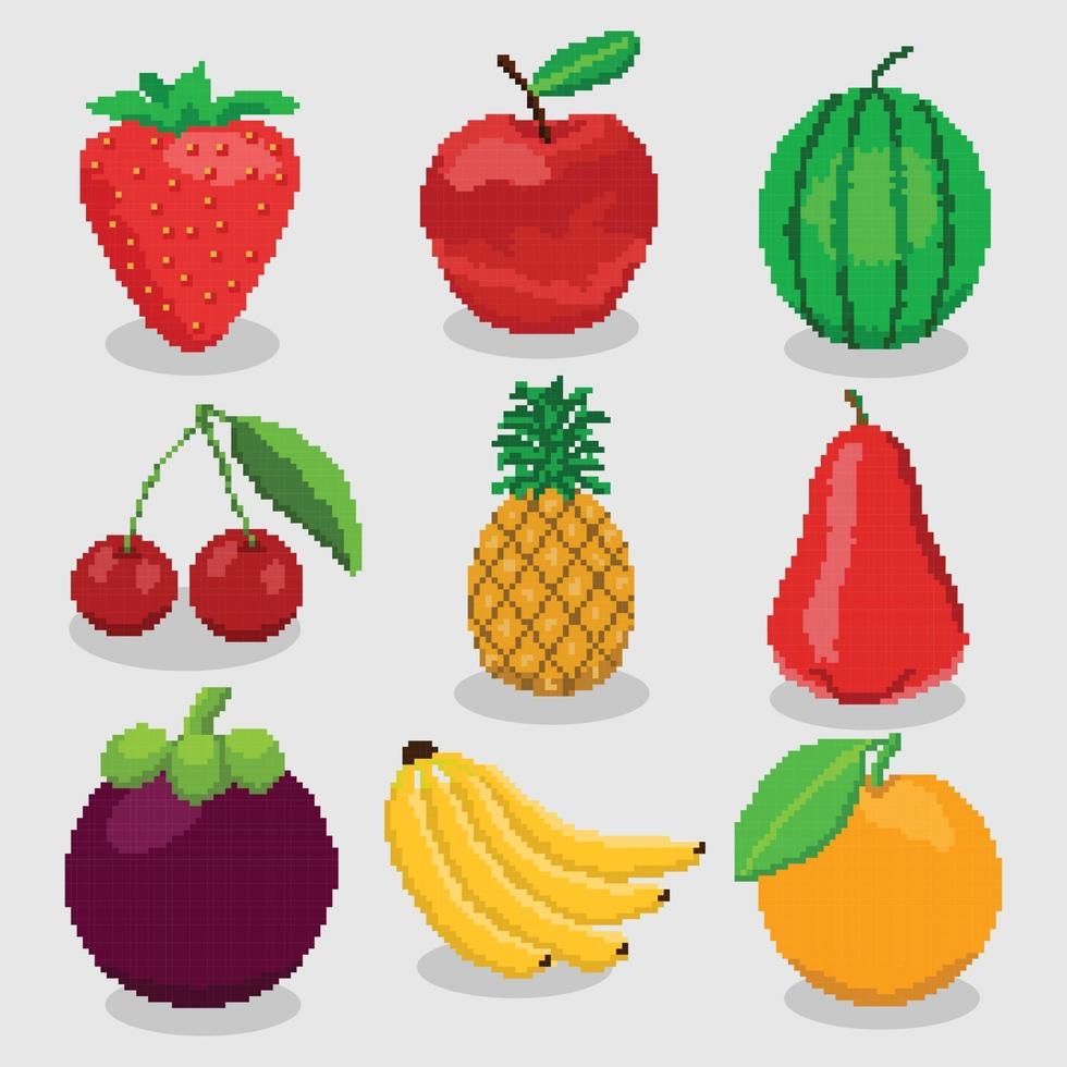 uppsättning hög detaljerade pixelfrukter för spelikoner vektor