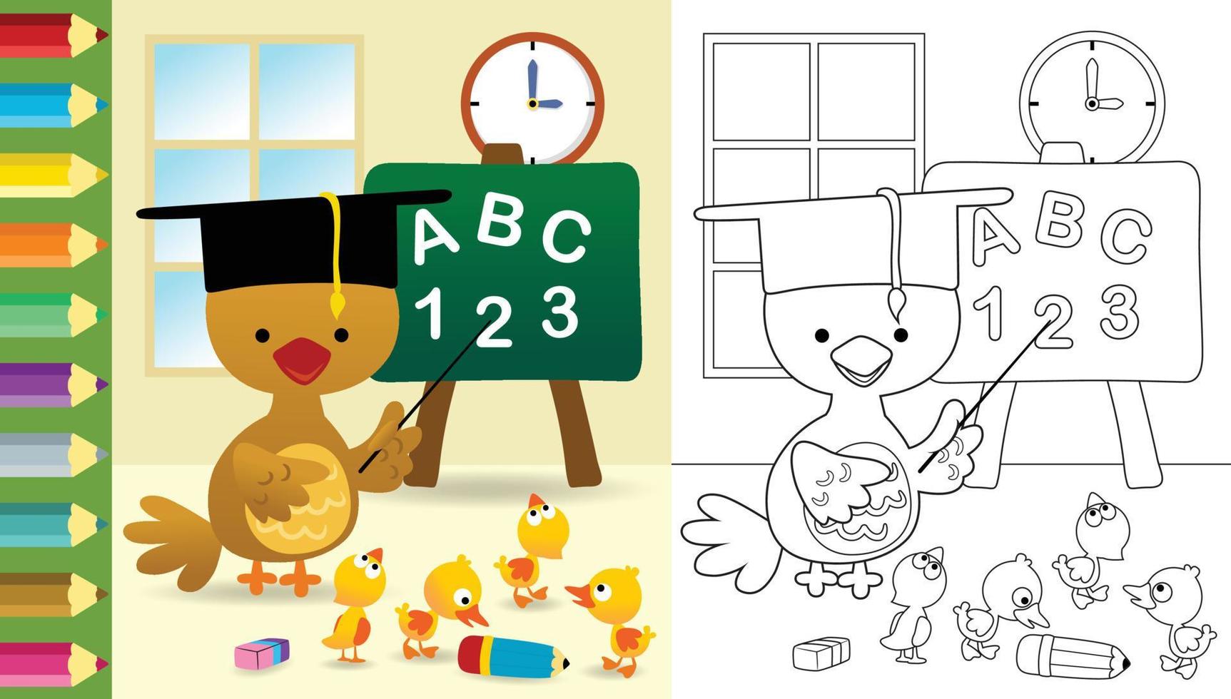 vektor tecknad serie av rolig kyckling bär gradering keps med Anka Valp i klassrum, färg bok eller sida