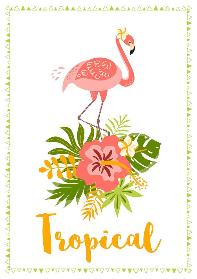 rosa flamingo, söt grön tropisk löv hibiskus bukett. tropisk begrepp. sommar fest tropisk bakgrund. mild rosa flamingo, grafisk sommar design. exotisk blommig inbjudan vektor illustration.